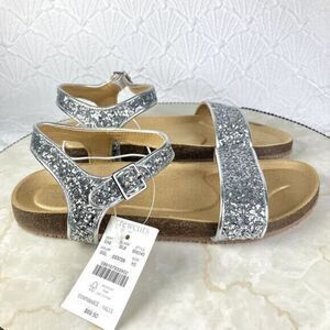 J. Crew Sandals Girls 5 Silver Metallic Glitter Ankle Strapped Buckle Flats NEW